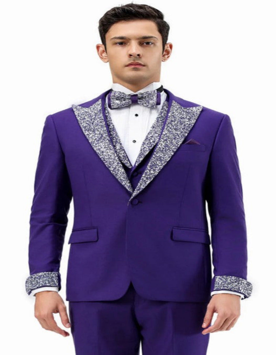 Purple & Silver Rhinestone Lapel Prom Tuxedo