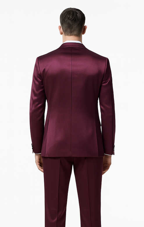 Men's Purple Satin Slim Fit 3 Piece Tazzio Suit with Double Breasted Vest and Peak Lapel Suit