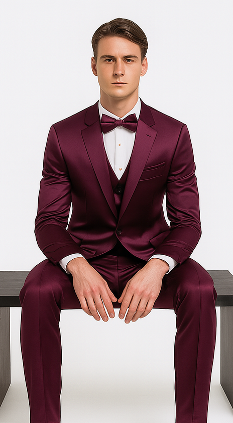 Men's Purple Satin Slim Fit 3 Piece Tazzio Suit with Double Breasted Vest and Peak Lapel Suit