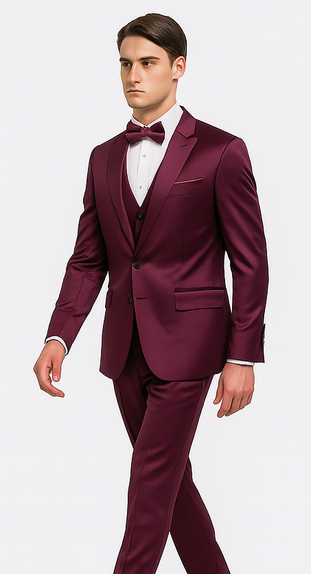 Men's Purple Satin Slim Fit 3 Piece Tazzio Suit with Double Breasted Vest and Peak Lapel Suit