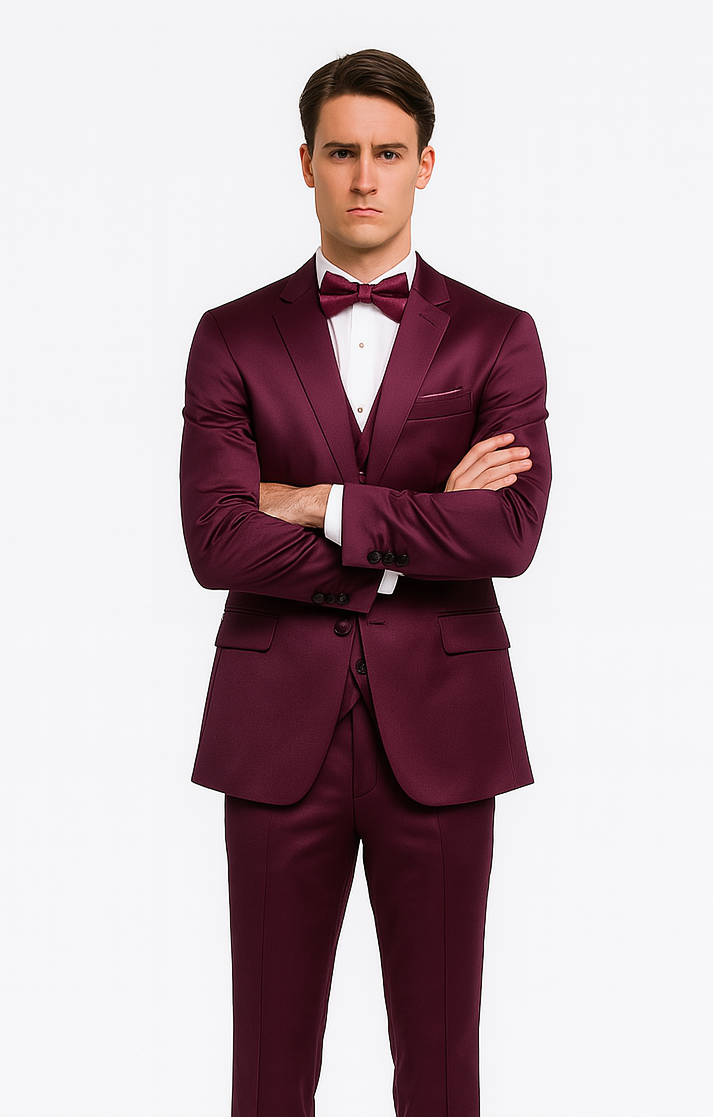 Men's Purple Satin Slim Fit 3 Piece Tazzio Suit with Double Breasted Vest and Peak Lapel Suit