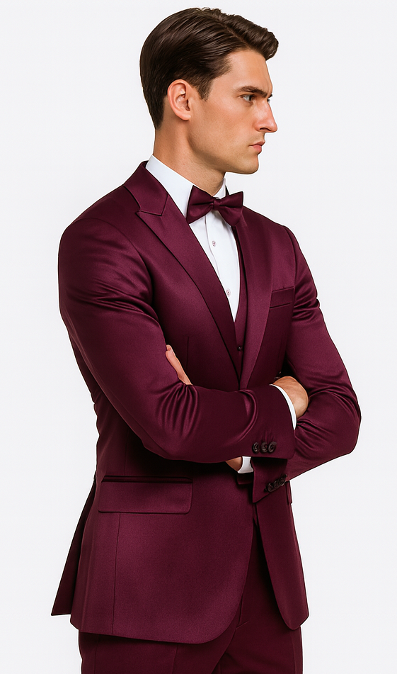 Men's Purple Satin Slim Fit 3 Piece Tazzio Suit with Double Breasted Vest and Peak Lapel Suit