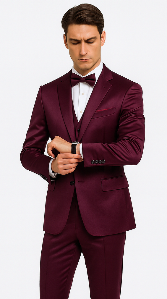 Men's Purple Satin Slim Fit 3 Piece Tazzio Suit with Double Breasted Vest and Peak Lapel Suit
