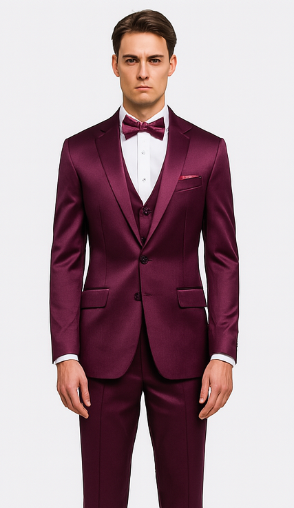 Men's Purple Satin Slim Fit 3 Piece Tazzio Suit with Double Breasted Vest and Peak Lapel Suit