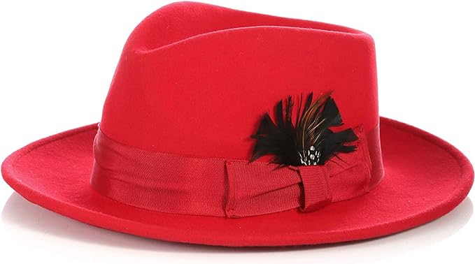 Gangster Red Wool Crushable Fedora with Feather