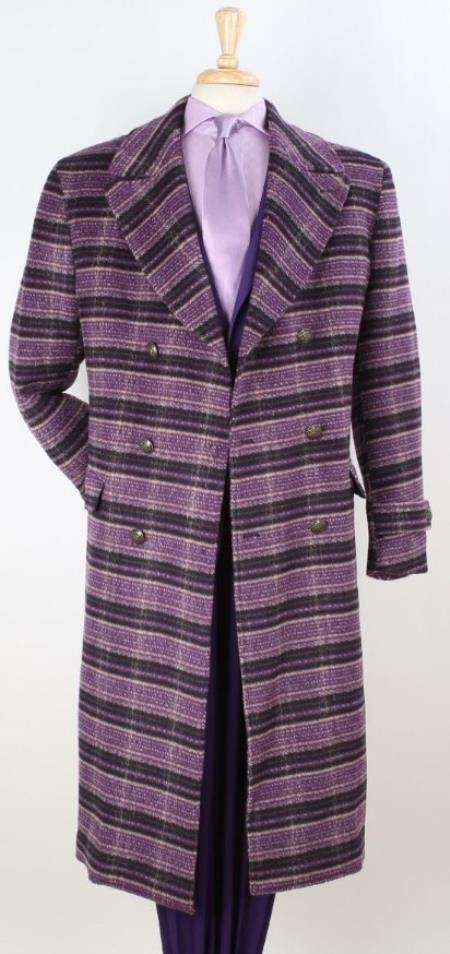 Men's Windowpane Wool Top Coat with Wide Lapel