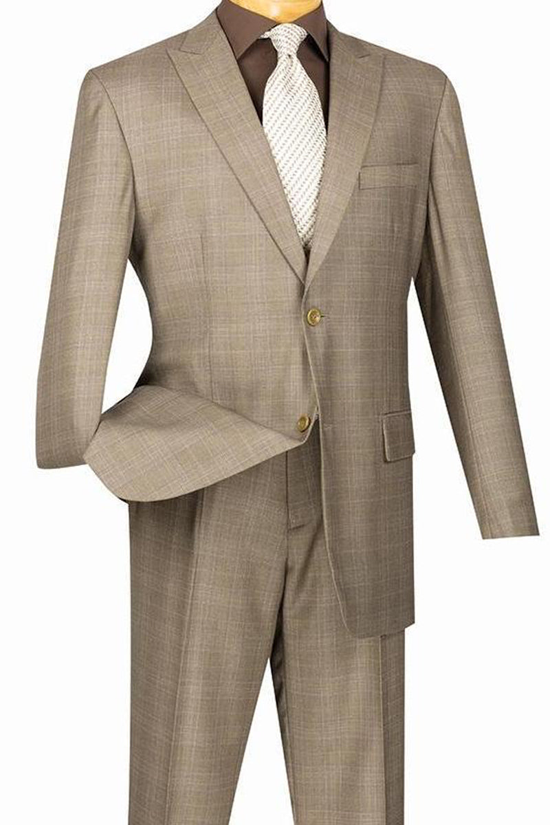 Tan Peak Lapel Plaid Modern Suit, 2-Button