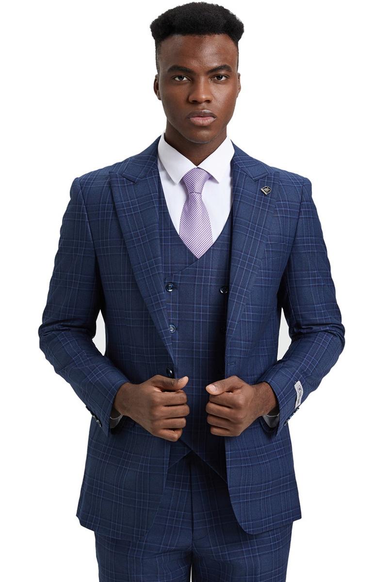 Stacy Adams Blue & Purple Plaid Vest Suit
