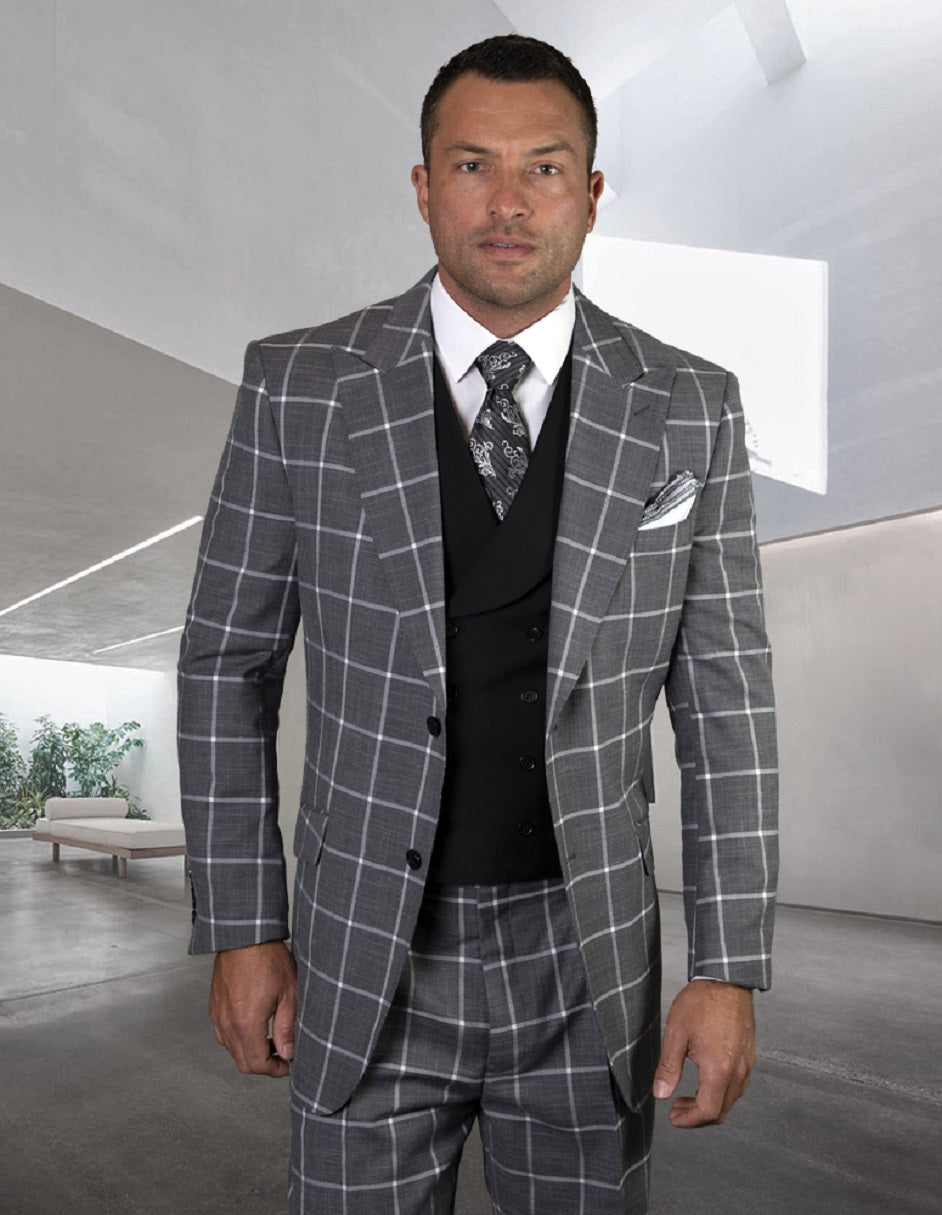 Black Windowpane Wide Peak Lapel Suit & Vest