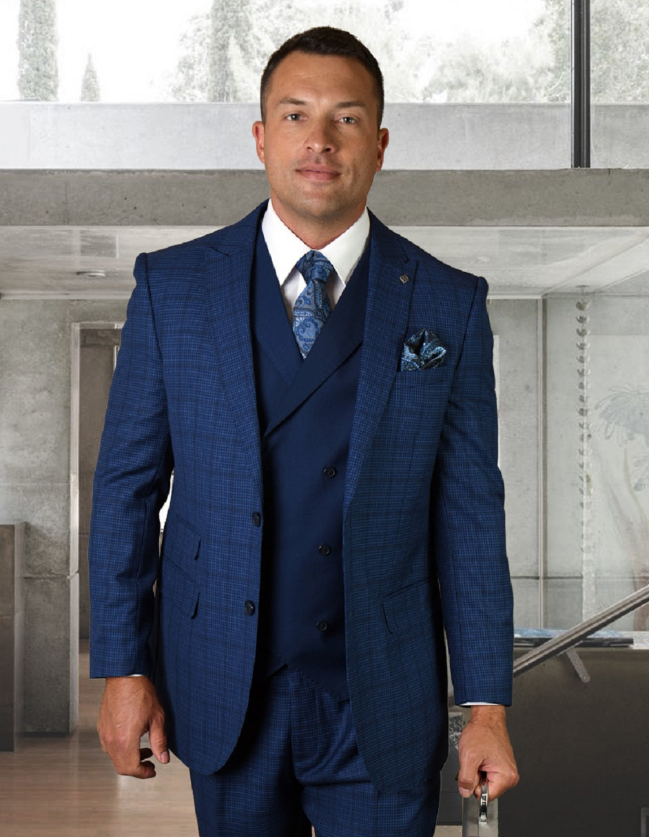 Wide Peak Lapel Sapphire Windowpane Suit & Vest