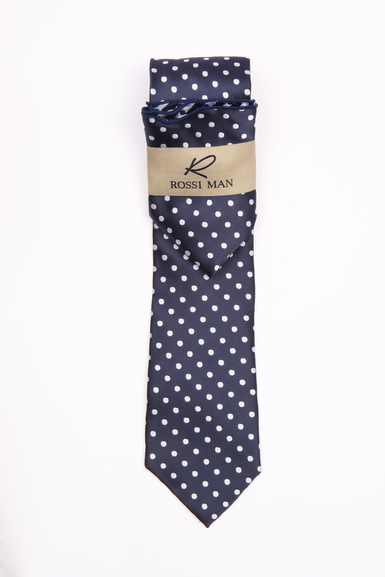Rossi Man Navy Polka Dot Tie & Pocket Round
