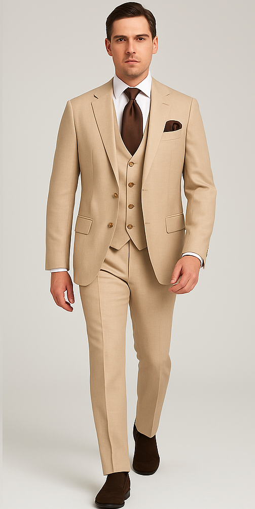 Rossi Man Max RM1391 – Slim Fit 3-Piece Men’s Suit in Solid Beige