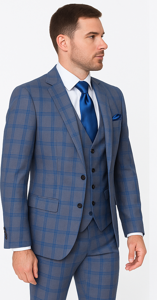 Rossi Man MAX RM1823 Blue Plaid Slim 3-Piece Suit