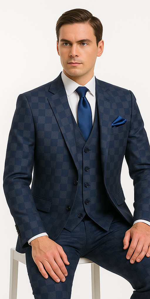 Rossi Man MAX RM1838 Navy Check 3-Piece Slim Suit