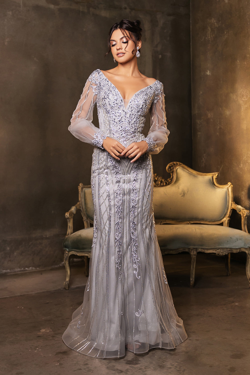 Royal Queen RQ8125 Sequin V-Neck Long Sleeve Evening Gown