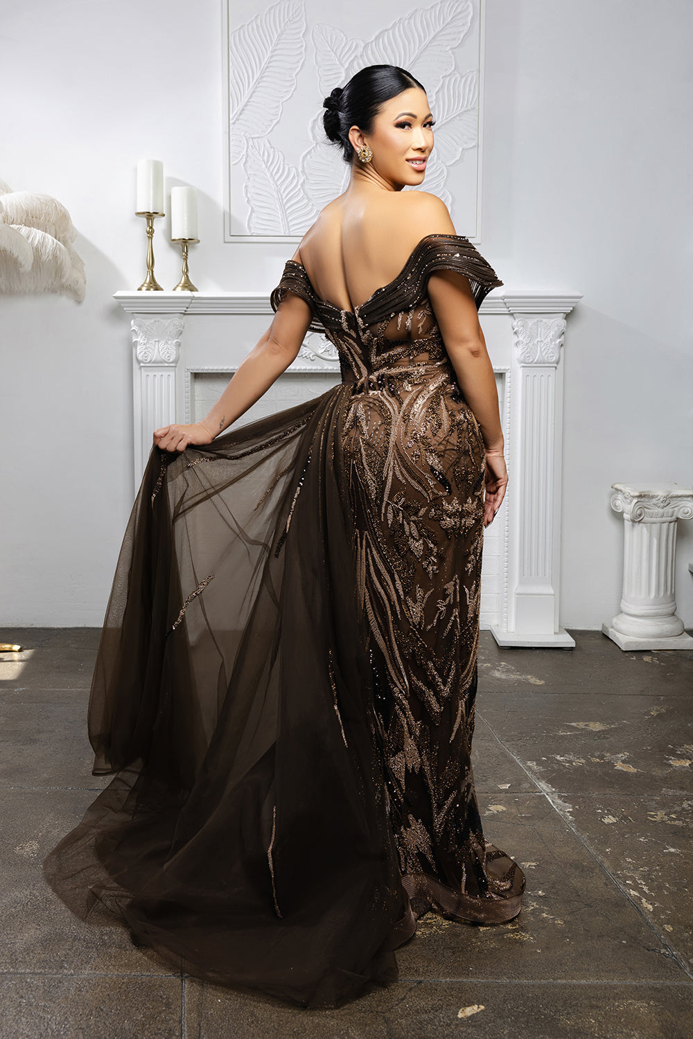 Off-Shoulder Beaded Evening Gown with High Slit | Luxury Formal Dress for Prom, Gala & Special Events by Royal Queen RQ8204