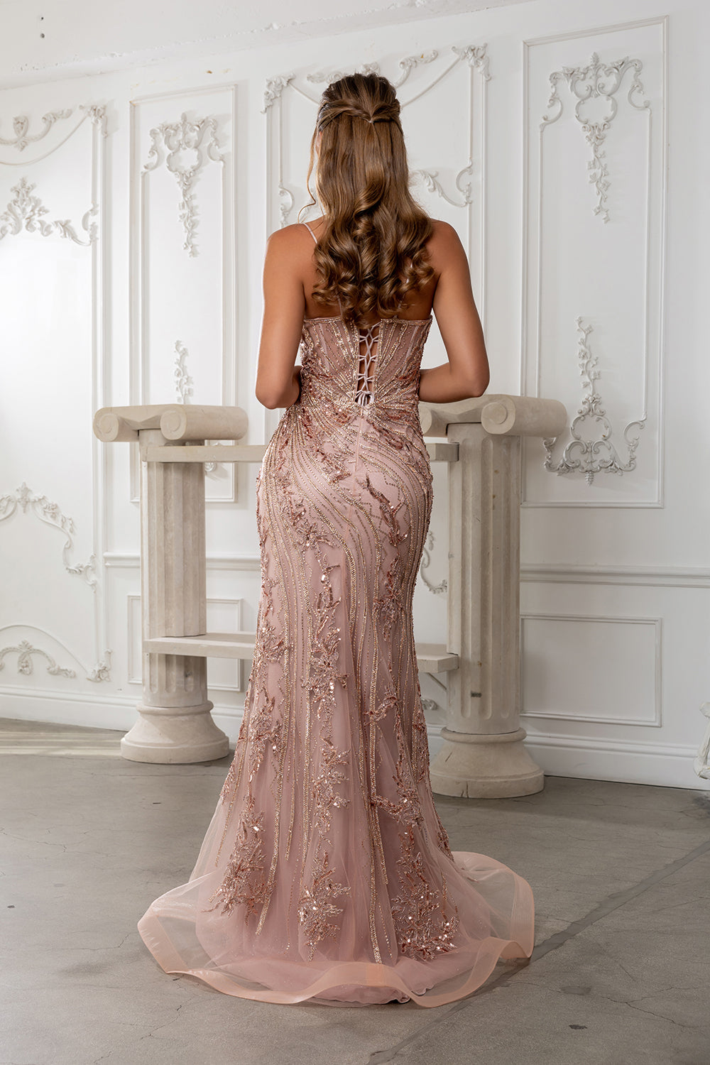 Mermaid Evening Gown Sparkling Dress with Illusion V-Neck Lace Up Back by Royal Queen RQ8213