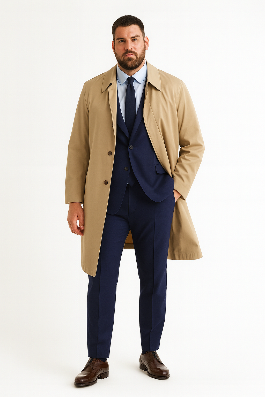 Men's Classic Beige Trench Coat Button Long Overcoat