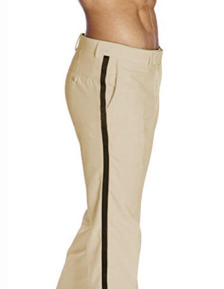 Men's Sand Classic Fit With Black Satin Stripe Poly/Rayon Flat Front Tuxedo Pant