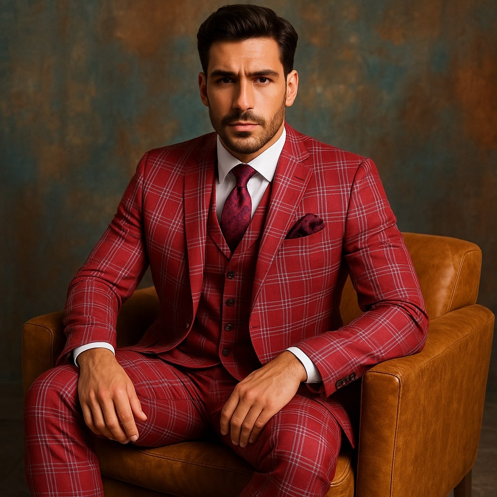 Red Plaid Three-Piece Suit - Bold Check Print
