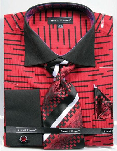Unique Red Broken Stripe Pattern Two Tone French Cuff Big and Tall Sizes Two Toned Contrast 18 19 20 21 22 Inch Neck Men's Dress Shirt