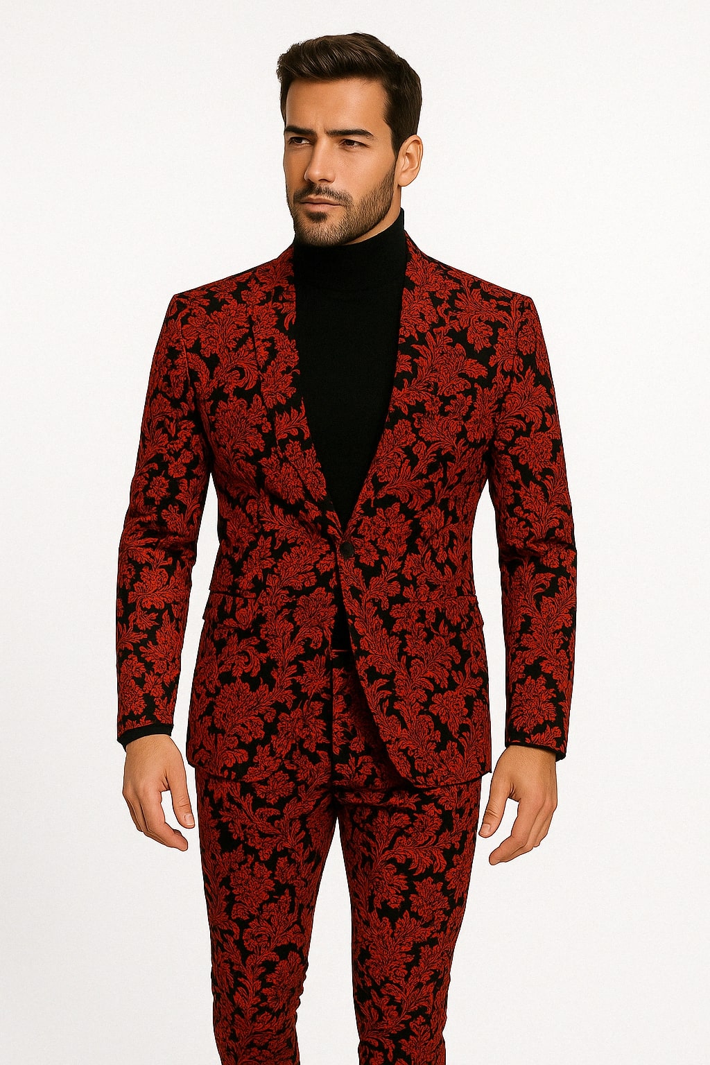 Red and Black Floral Brocade Slim Tuxedo