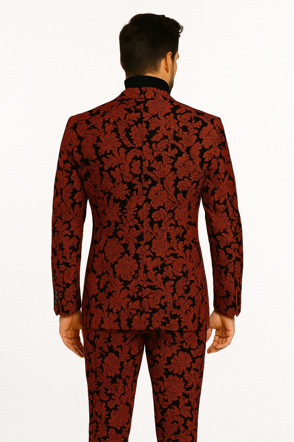 Red and Black Floral Brocade Slim Tuxedo