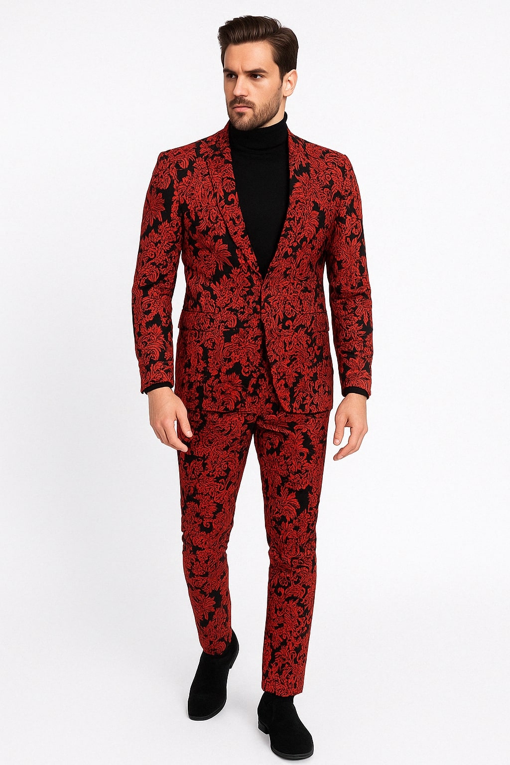Slim Fit Red & Black Floral Tuxedo Suit, 2 Piece