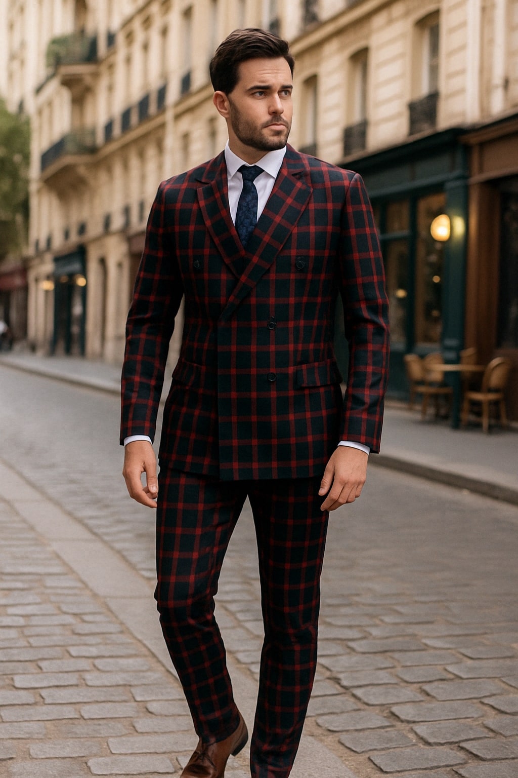 Men’s Red & Black Double-Breasted Plaid Suit