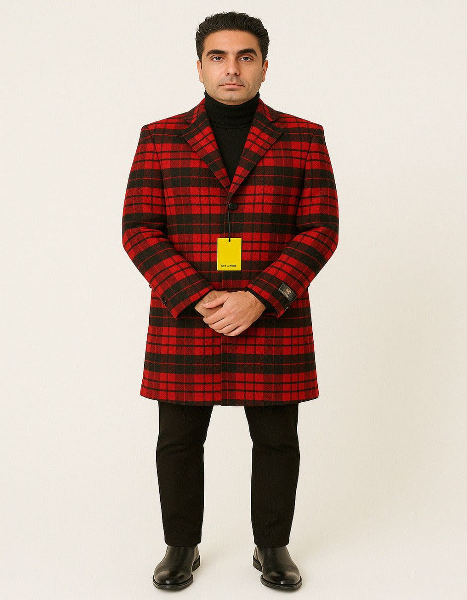 Red & Black Plaid Wool Three-Quarter Carcoat