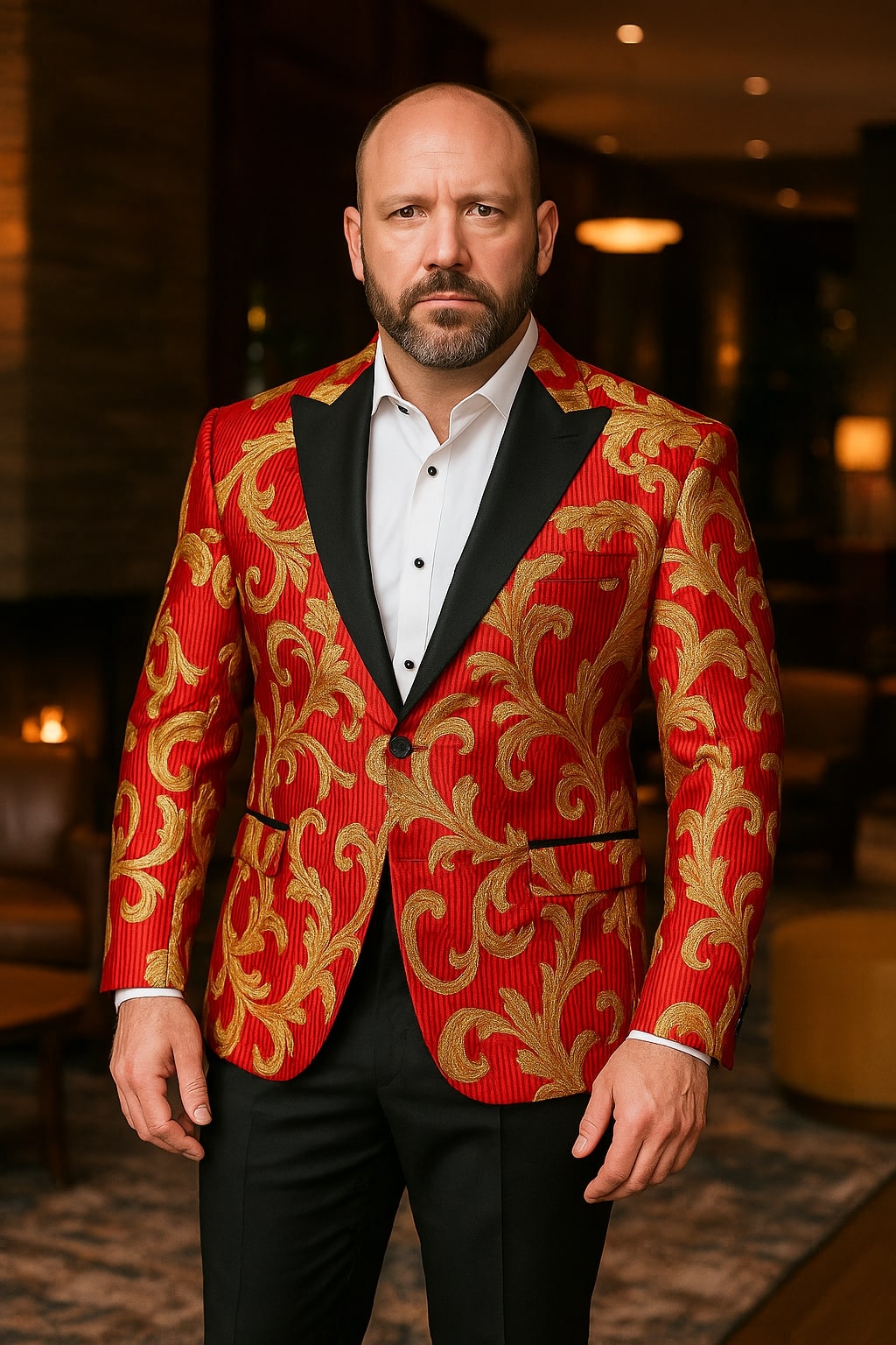 Baroque Red & Gold Embroidered Tuxedo Blazer