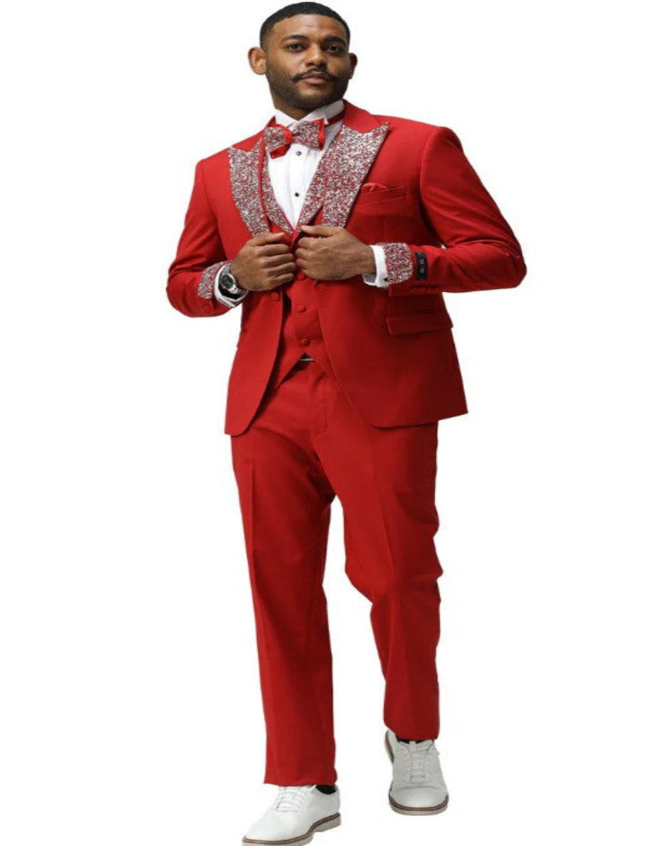 Red and Silver Vested Prom Tuxedo with Rhinestone sequin Lapel