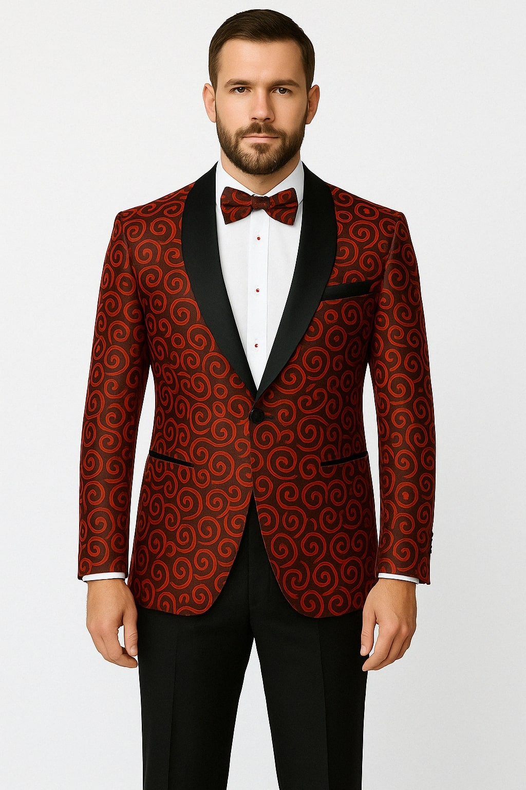 Red and Tuxedo Black Satin Shawl Blazer
