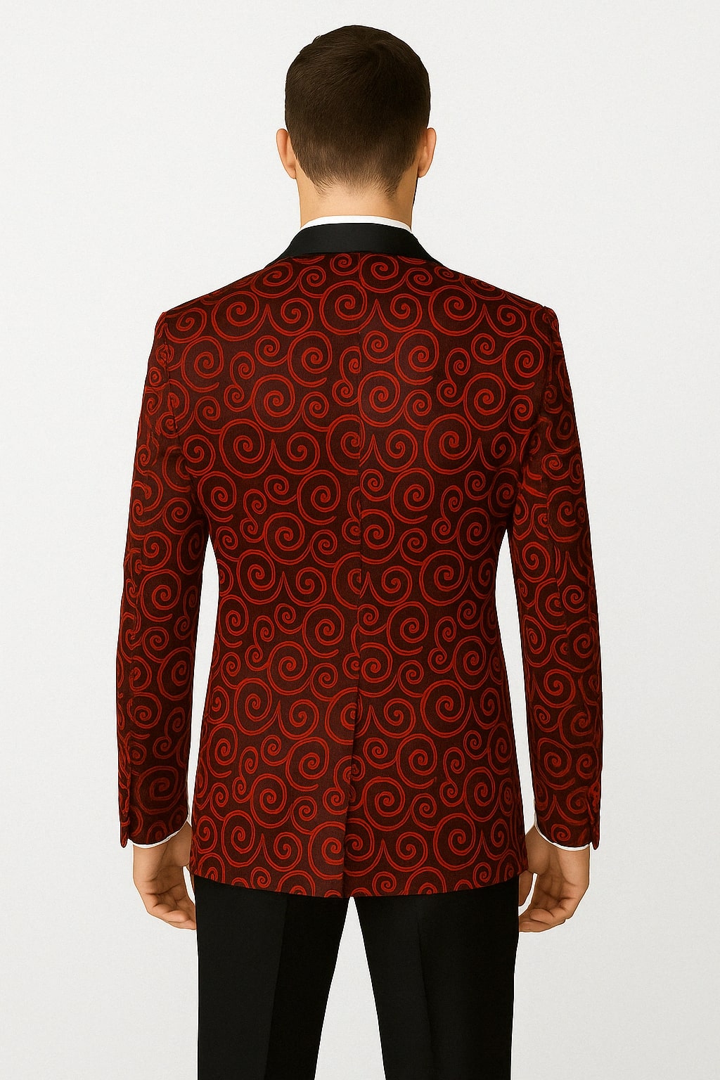 Red and Tuxedo Black Satin Shawl Blazer