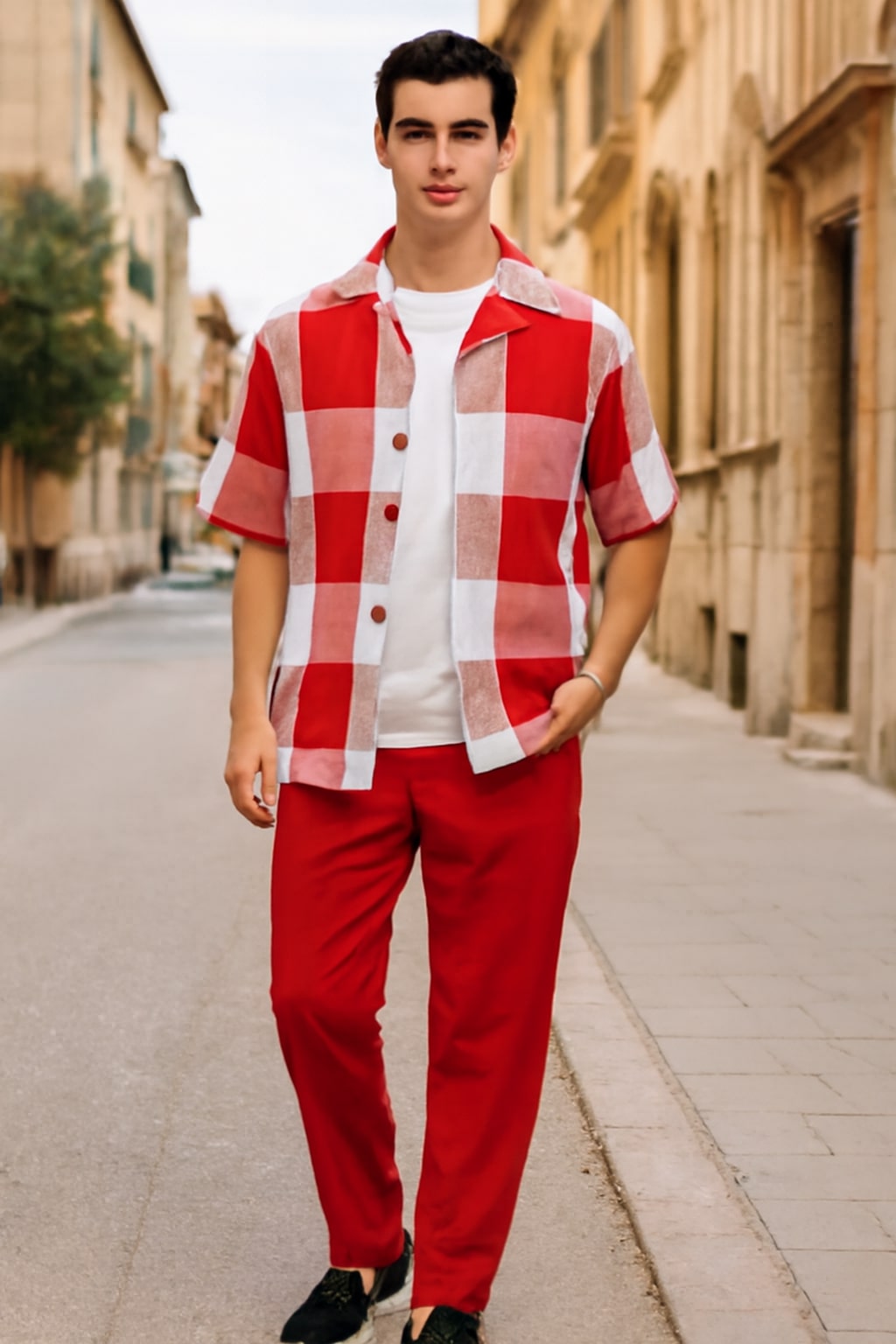 Red & White Checkered Short Sleeve Shirt Set