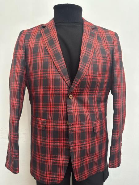 Red Tartan Plaid Two-Button Blazer for Men