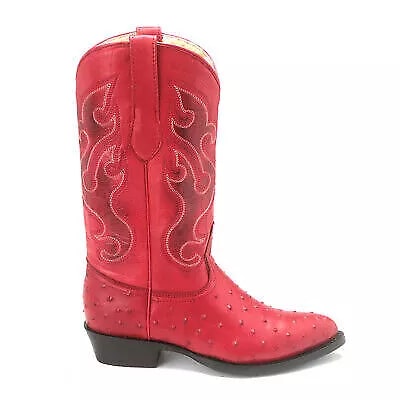 J Toe Red Ostrich Quill Print Western Boots