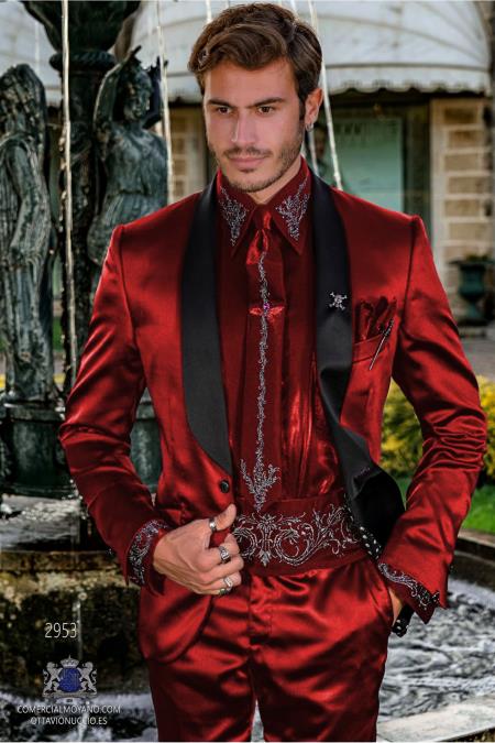 Shiny Red Sateen Tuxedo by ROSSI MAN