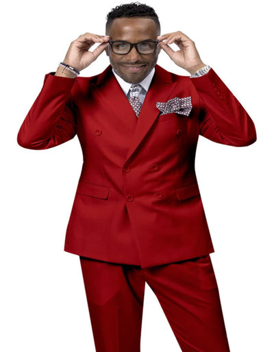 Double Breasted Pleated Red Suit - Regular Fit