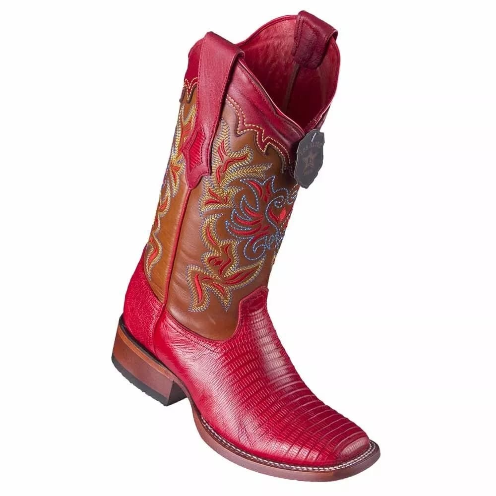 Red Teju Lizard Square Toe Western Boot