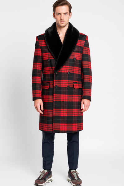 Tartan Christmas New Year Holiday Mens Red and Black Plaid Wool Overcoat with Black Faux Fur Shawl Collar – Double-Breasted Winter Coat - Tartan Designs