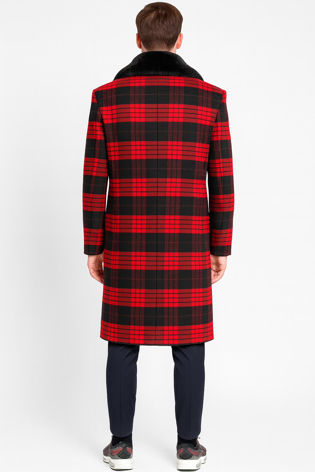 Men’s Red and Black Plaid Wool Overcoat with Black Faux Fur Shawl Collar – Double-Breasted Winter Coat - Tartan Design