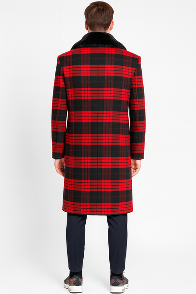 Tartan Christmas New Year Holiday Mens Red and Black Plaid Wool Overcoat with Black Faux Fur Shawl Collar – Double-Breasted Winter Coat - Tartan Designs