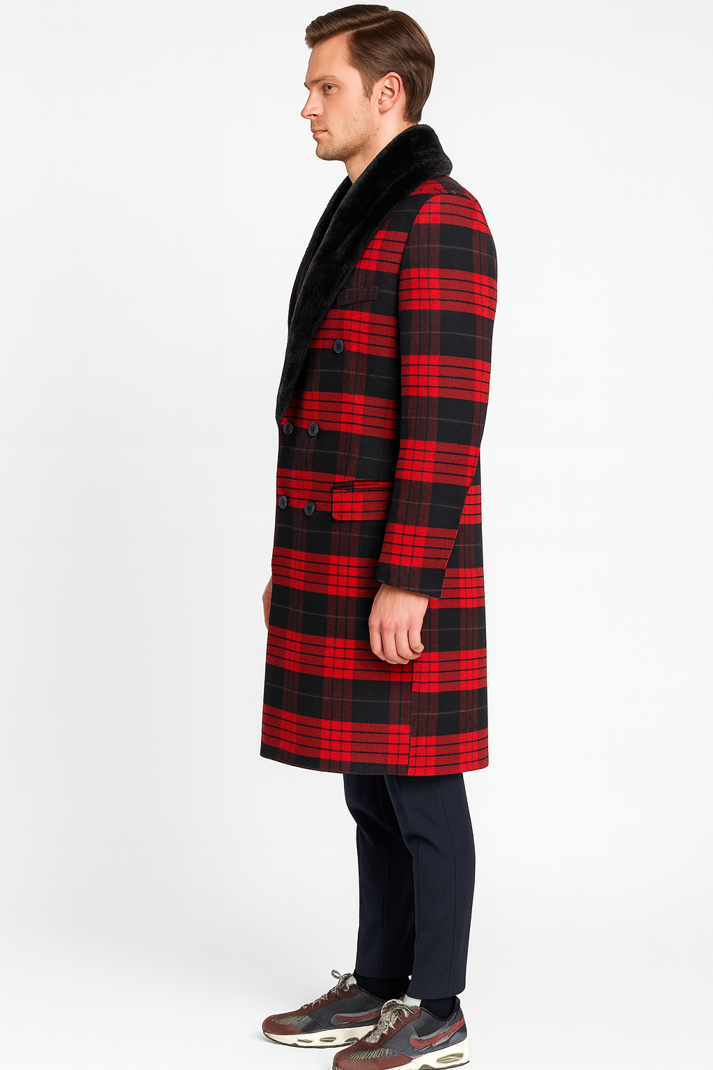 Men’s Red and Black Plaid Wool Overcoat with Black Faux Fur Shawl Collar – Double-Breasted Winter Coat - Tartan Design