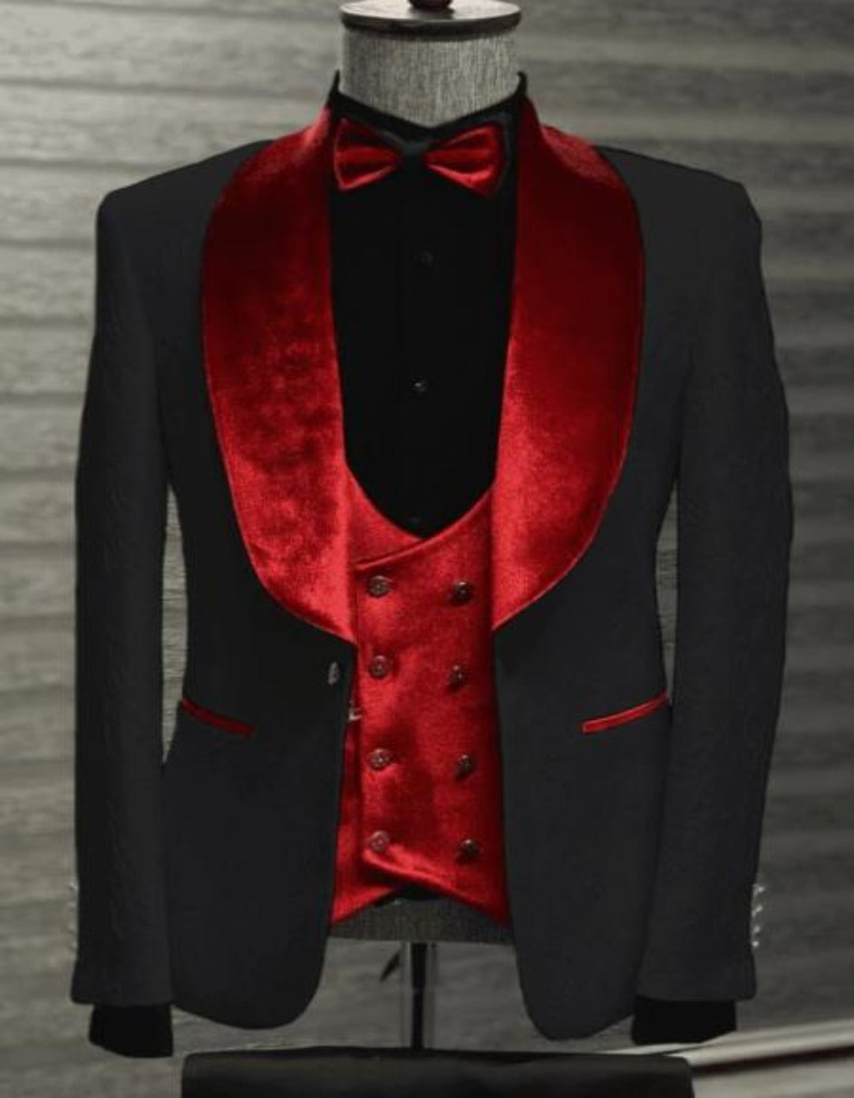 Black and Red Velvet Lapel Tuxedo