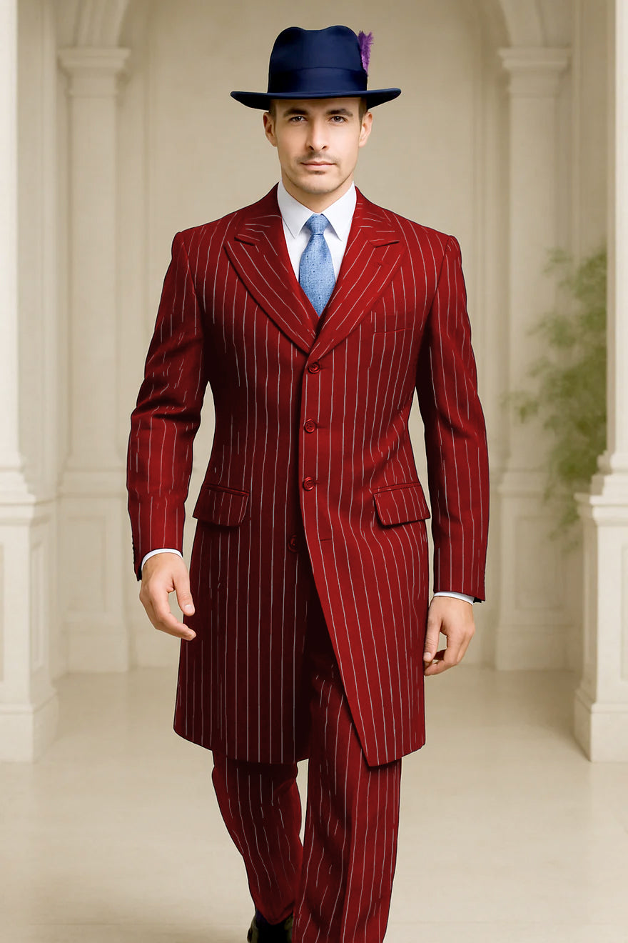 Men's Red Pinstripe Long Coat Suit