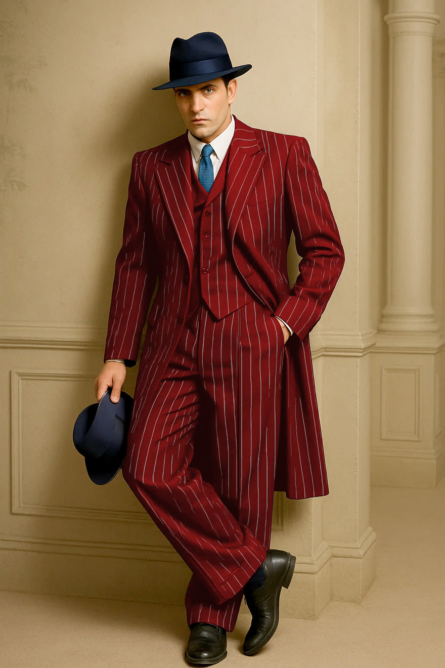 Men's Red Pinstripe Long Coat Suit