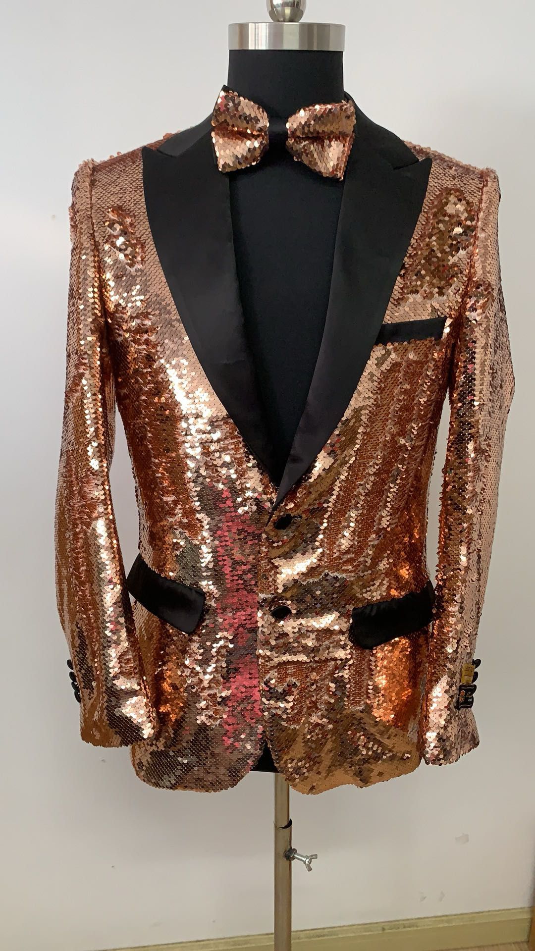 Rose Gold Sequin Tuxedo Jacket with Satin Lapel