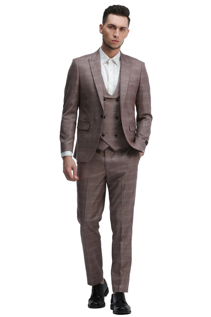 Men's Rose Plaid One Button Suit with Vest