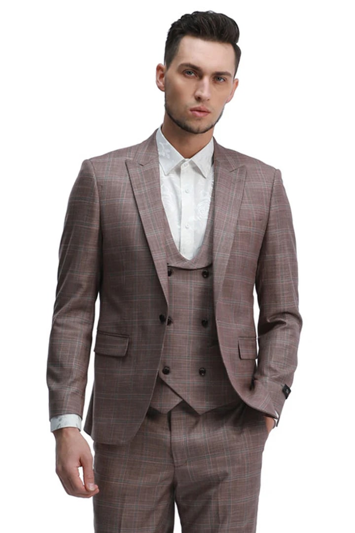 Men's Rose Plaid One Button Suit with Vest